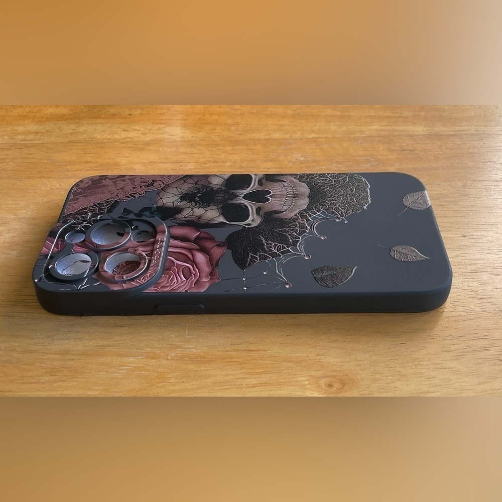 Black Skull and Flower Phone Case Available for iPhone 13 & iPhone 15 Pro Max - Picture 4 of 5